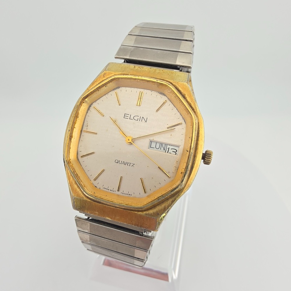 Vtg ELGIN Mens Watch Spanish Italian Date Window Stretch Band Gold Plate 7.5"